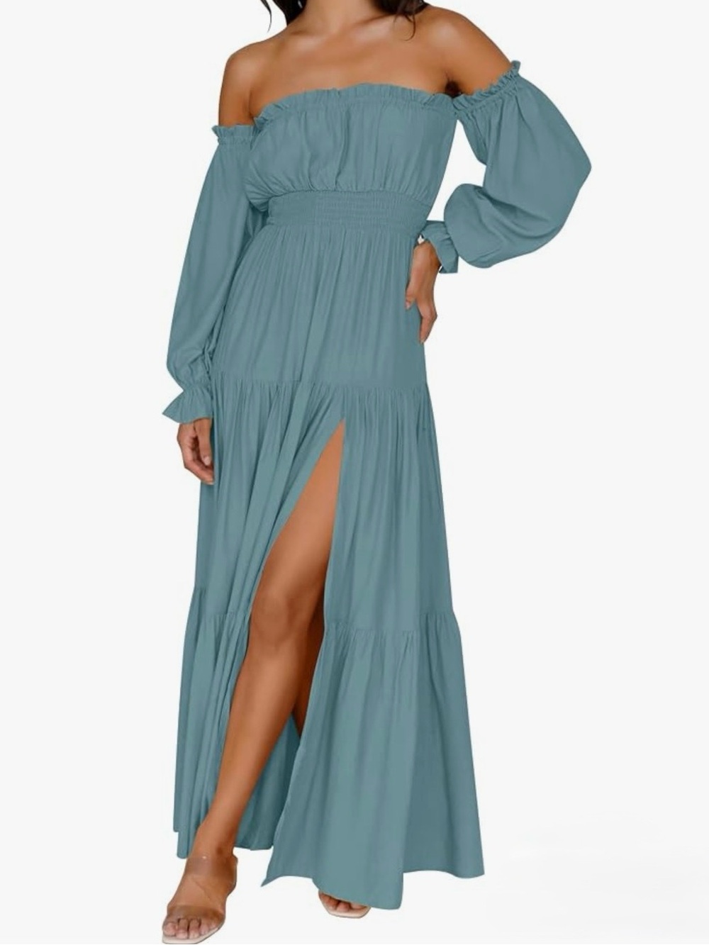 ZESICA Boho Off Shoulder Smocked Tiered Maxi Dress teal green sz Large